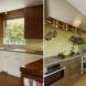 To the left, a window above a kitchen sink surrounded by wood cabinets. To the right, stainless steel appliances in a kitchen with wood floors.