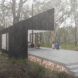 A rendering of a black cabin with a roof overhanging a gray deck where two people sit.