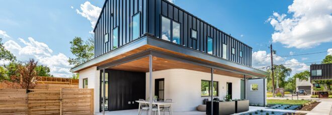 A covered patio attached to a home.