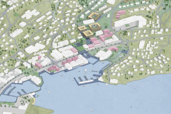 An illustration of a seaside town.