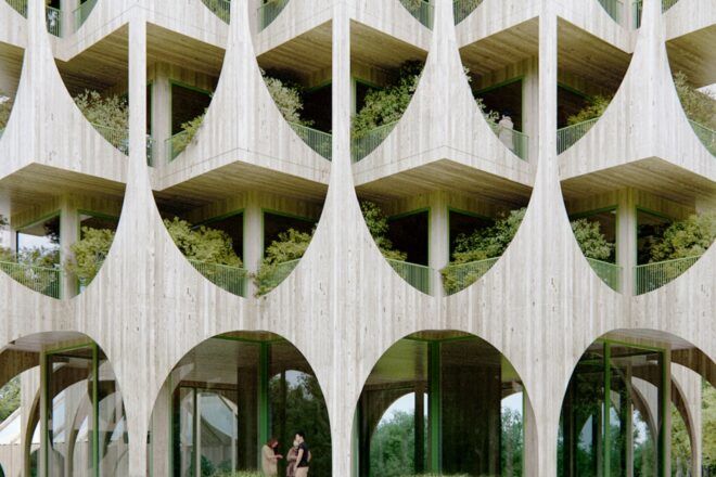 A close-up of the facade of a building with an intricate, interconnected wood frame.
