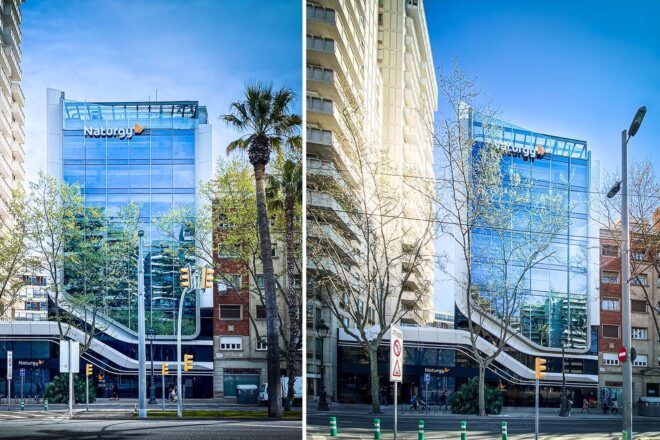 Various angles of the glass office tower.
