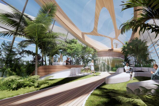 A green area on a yacht with trees.
