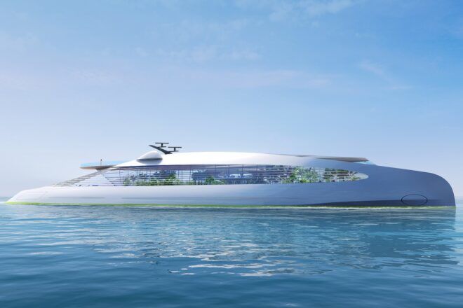 The side of a super-yacht on the ocean.