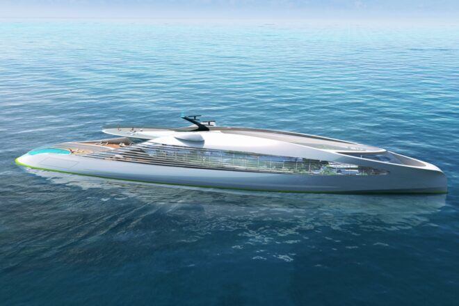 An overhead view of a super-yacht on the ocean.