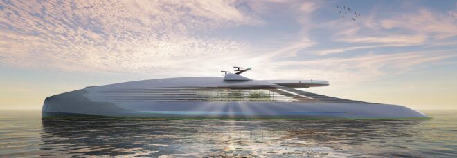 Sunlight framing the side of a super-yacht on the ocean.