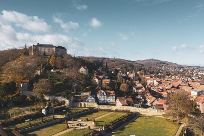 A hillside town with many buildings.