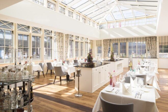 A bright white dining area.