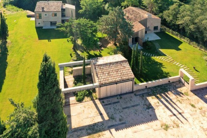 A bird's-eye view of old cement structures.