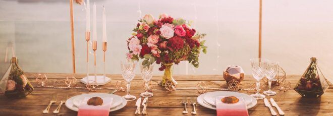 Table full of wedding decorations