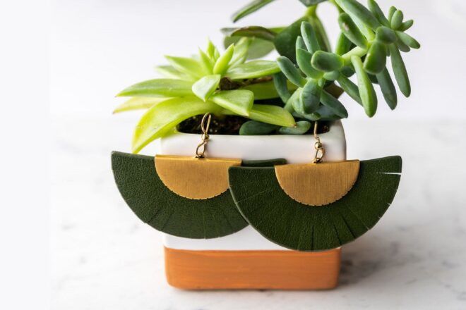 A pair of tan and green semi-circle earrings hanging on a potted cactus.