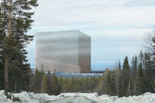 A snowy landscape with a cube-like structure in the distance.