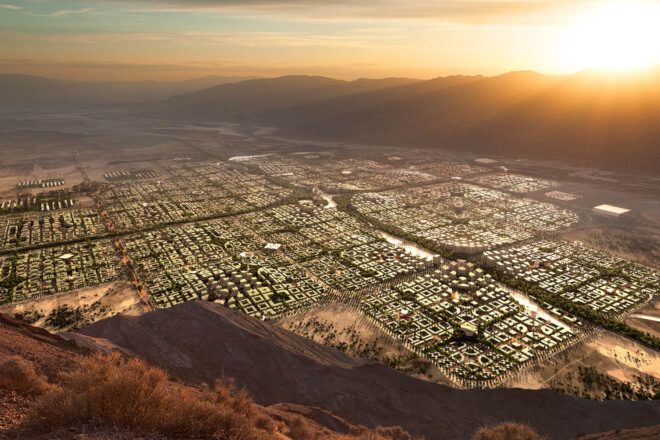 A bird's-eye rendering of a gridded city in a desert.