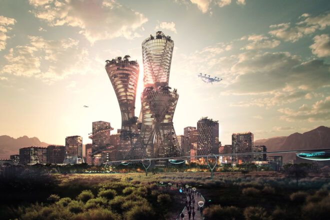A rendering of a futuristic city skyline.