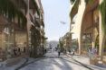 A street rendering with plant covered buildings and pedestrians walking.