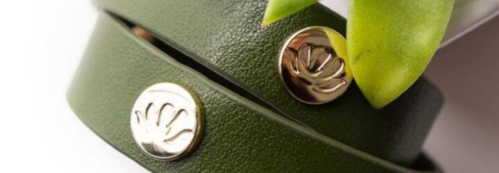 A close-up of two green plant-leather bracelets with metal buttons on them.