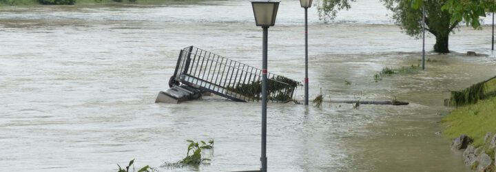 A flooded outdoor plaza.