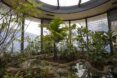 An indoor zoo habitat full of tropical green plants.