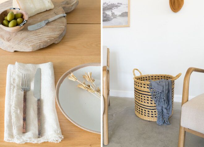 To the left, a table setting with utensils on a napkin next to a plate. To the right, a wicker-like basket with a blue blanket in it, next to a wood armchair.