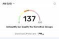 A screenshot from an app showing an air quality of 137, with text describing it as 