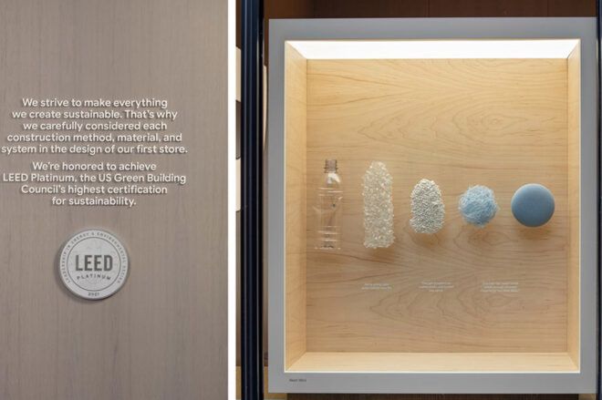 A plastic bottle display discussing the store's sustainability efforts.