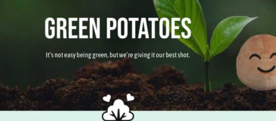 A graphic of a smiling potato next to a small green plant.
