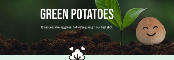 A graphic of a smiling potato next to a small green plant.