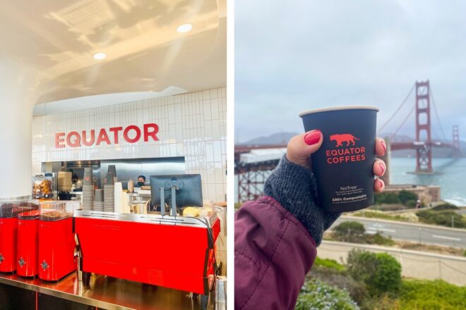 (Left to right) Interior of shop, a hand holding a cup in front of the Golden Gate Bridge view