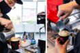 (Left to right) A woman pouring a latte, up close shot of the latte art