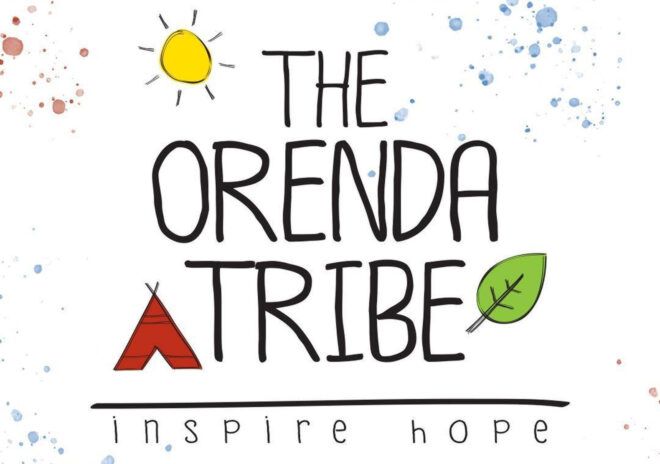Black text on a white background surrounded by drawings of a sun, tent and leaf. The text reads "The Orenda Tribe."