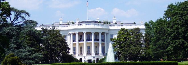 A front view of the White House.