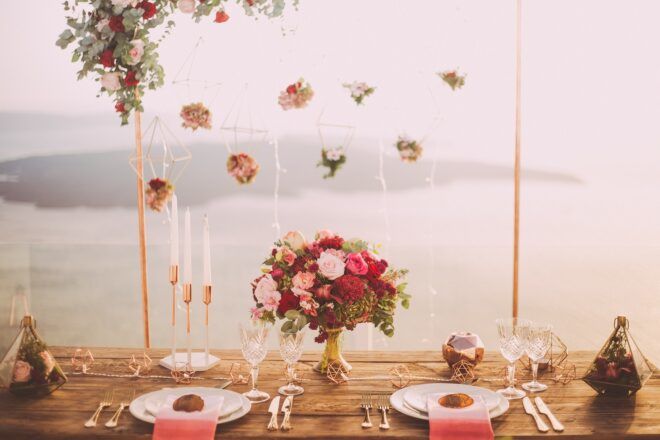 Table full of wedding decorations