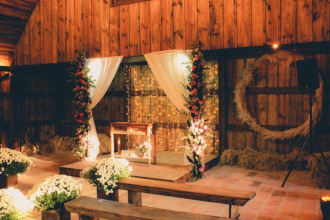 Decorated altar in lights and greenery