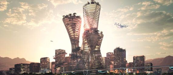 A rendering of a futuristic city skyline.