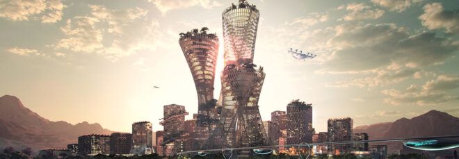 A rendering of a futuristic city skyline.