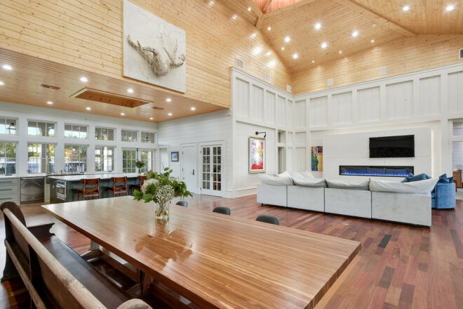 A kitchen/dining area with wood accents.