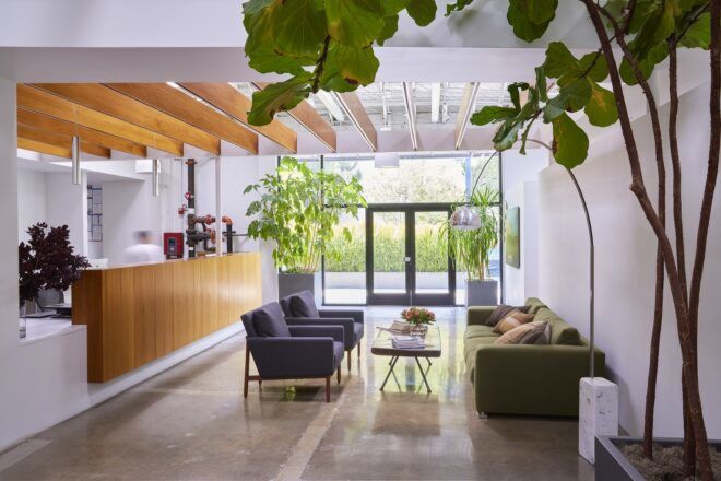 Room with sofas facing each other and the front desk in the left-hand side