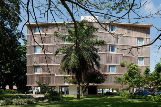 Apartment block with wood louver facade