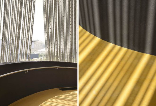 Two images showing shadows through the curtain facade.