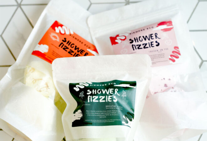 Three packets of shower fizzies in rice paper packaging