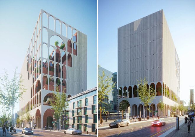 Two images. To the left, a terraced building with an open facade. To the right, the back of the building with a solid white facade.