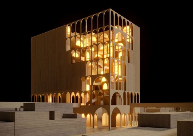 A terraced wood building with an open facade, lit up from inside.