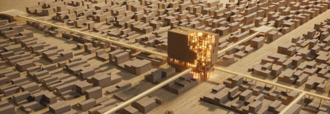 An aerial view of a lit-up wood building.