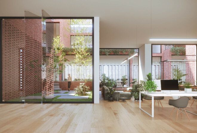 A hallway with wood floors and a floor-to-ceiling glass wall.