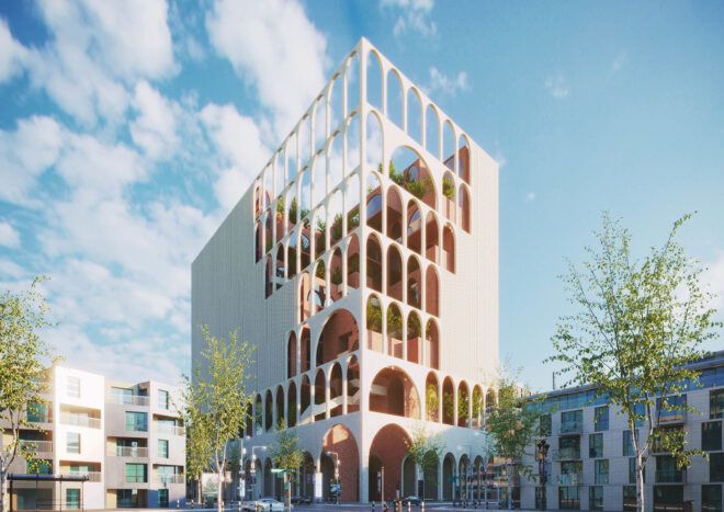 A streetview of a terraced building with an open facade.