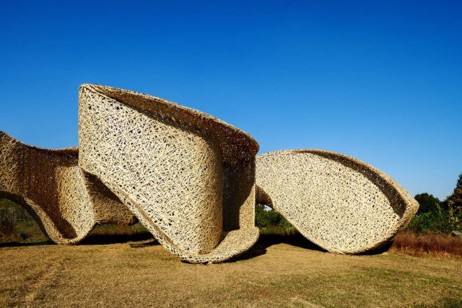 An abstract-shaped bamboo pavilion.