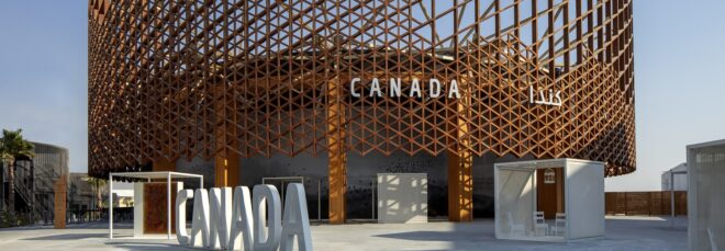 Canada Pavilion exterior with boxes laid out in front of it