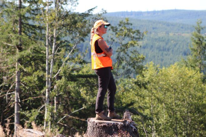 A woman standing on a stump of wood