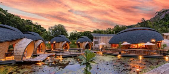 Exterior of turtle-shaped structures against an evening sky