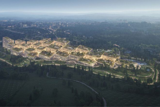 An aerial view of a lit up village.